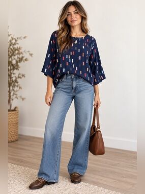 Boden Confetti Print Blouse US 10 Navy Geometric 3/4 Sleeve Zip Back Top Viscose